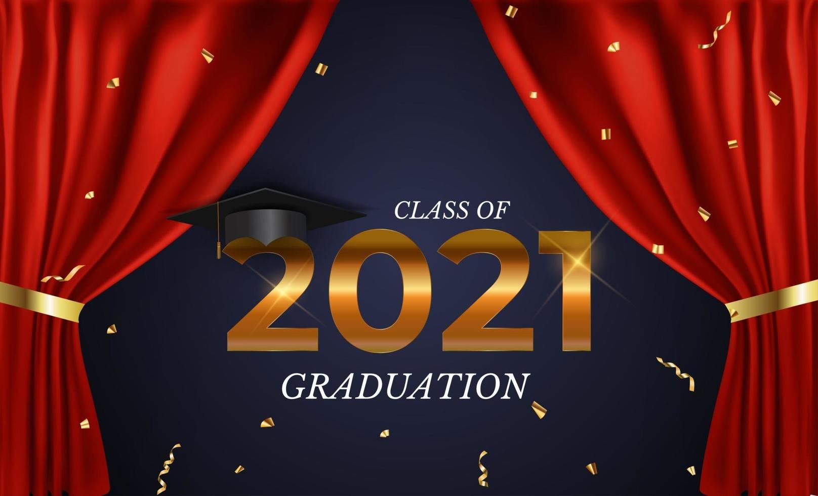 Graduation class of 2021 with graduation hat, confetti and golden ribbon vector