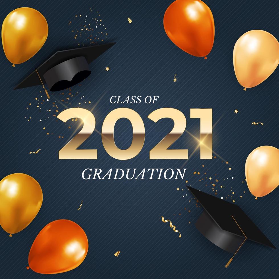 Graduation class of 2021 with graduation hat, confetti and golden ribbon vector