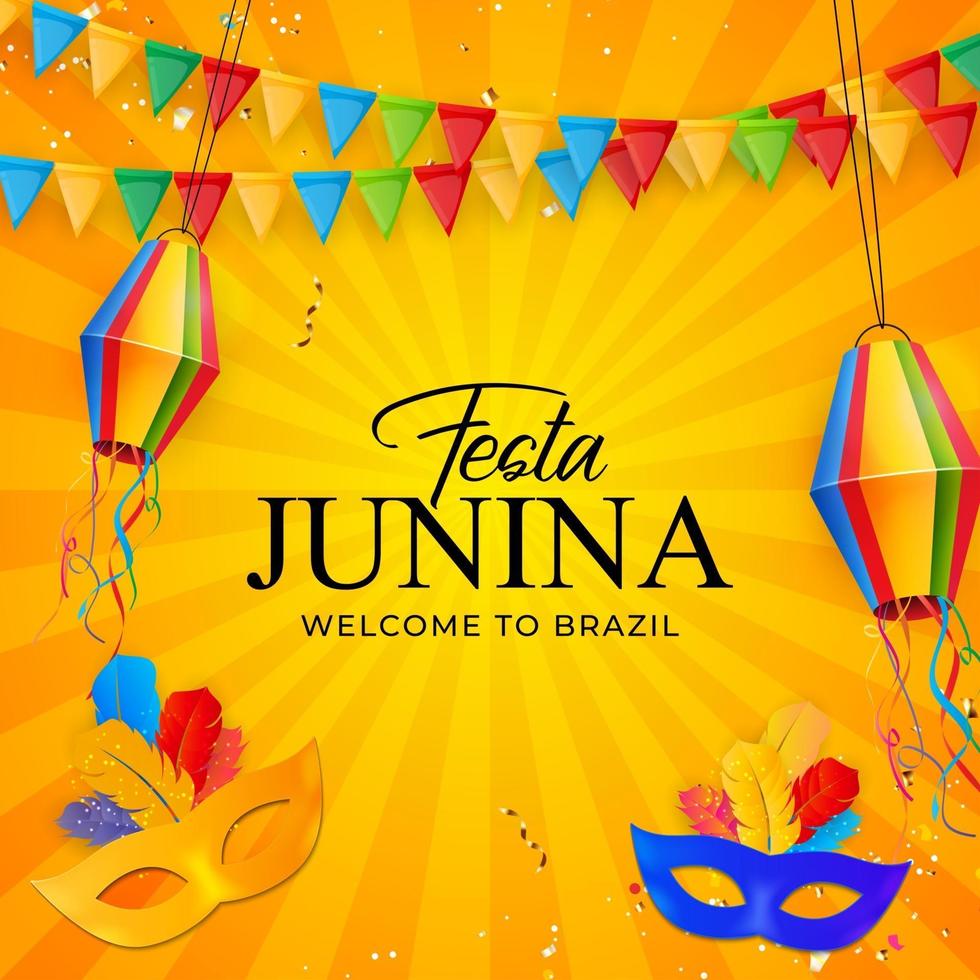 Festa Junina Background with Party Flags and Lanterns. Brazil June Festival Background for Greeting Card vector