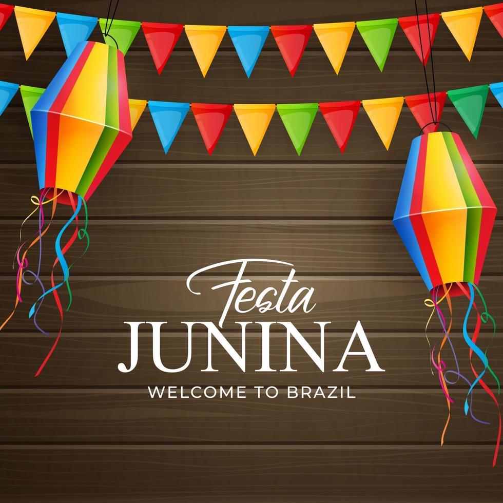 Festa Junina Background with Party Flags and Lanterns. Brazil June Festival Background for Greeting Card vector