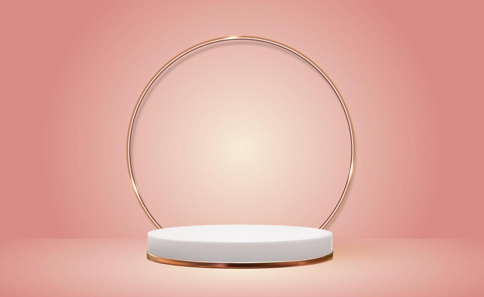 White 3d pedestal background with Golden Glass Ring Frame for cosmetic product presentation or fashion magazine. vector