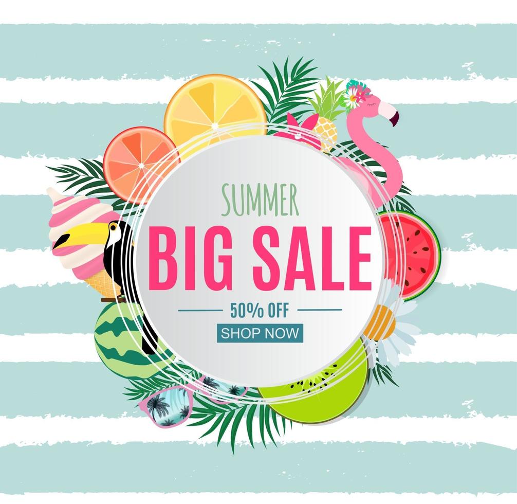 Abstract Summer Sale Background with Palm Leaves, Watermelon, Ice Cream and Flamingo vector