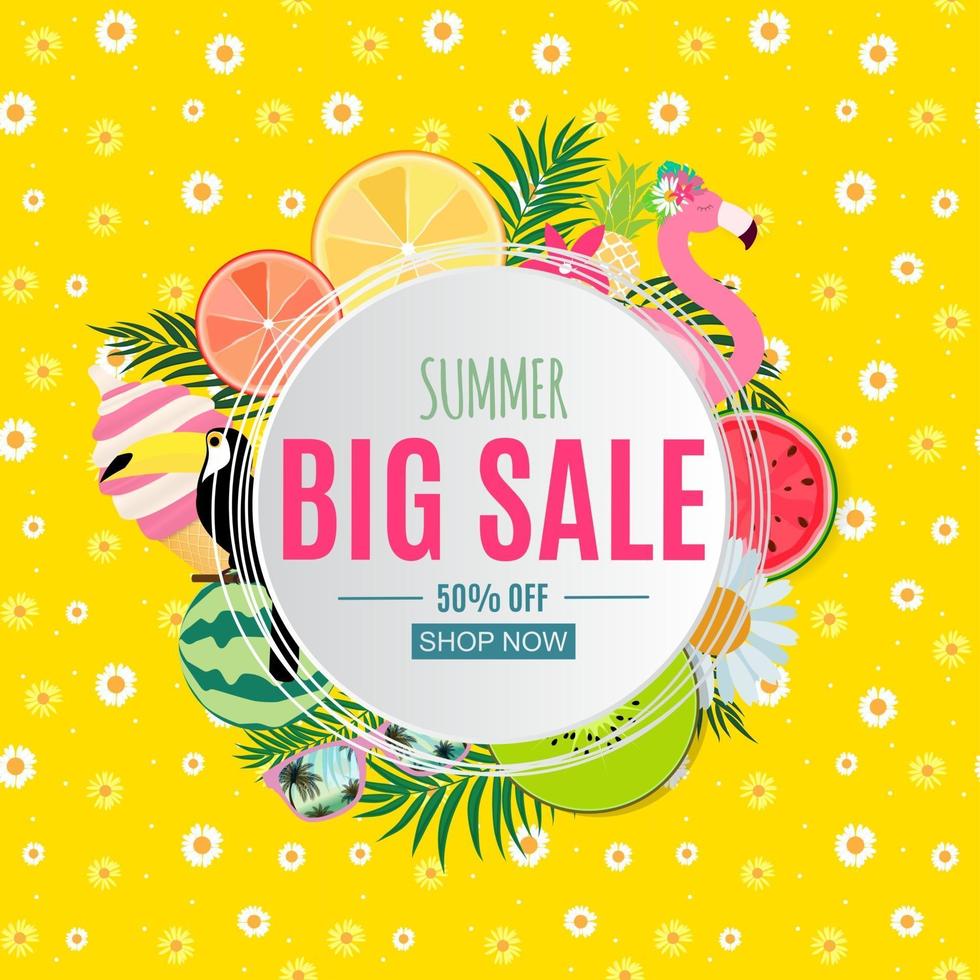 Abstract Summer Sale Background with Palm Leaves, Watermelon, Ice Cream and Flamingo vector