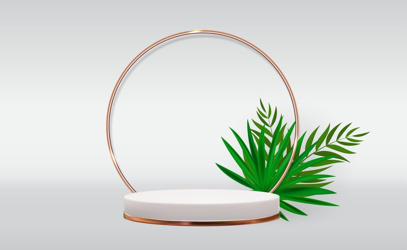 Fondo de pedestal 3d blanco con marco de anillo de vidrio dorado y hojas de palma realistas para la presentación de productos cosméticos revista de moda vector