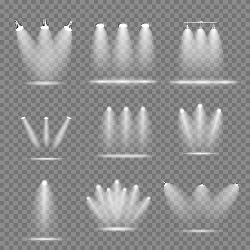 Set of Realistic Bright Projectors, Lighting Lamp Collection with Spotlights Lighting Effects vector