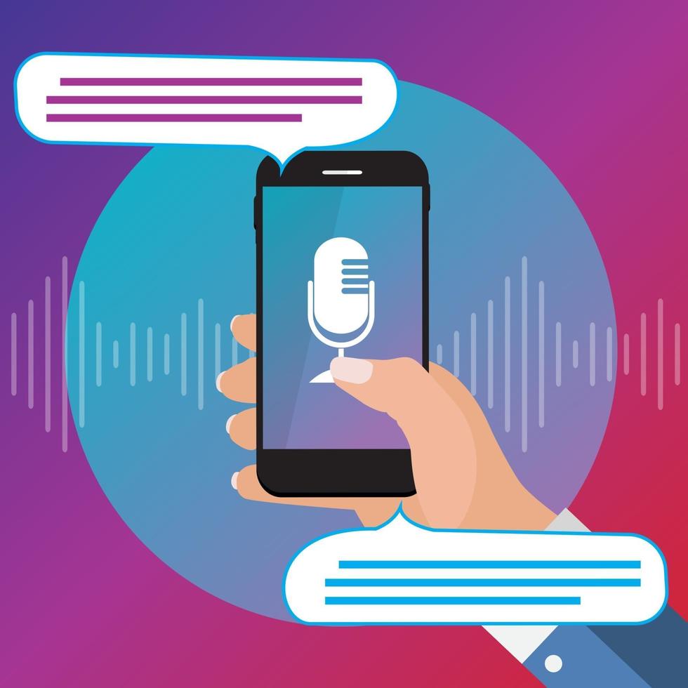Hand with mobile phone with microphone button and intelligent technologies in flat style. Personal assistant and voice recognition concept vector