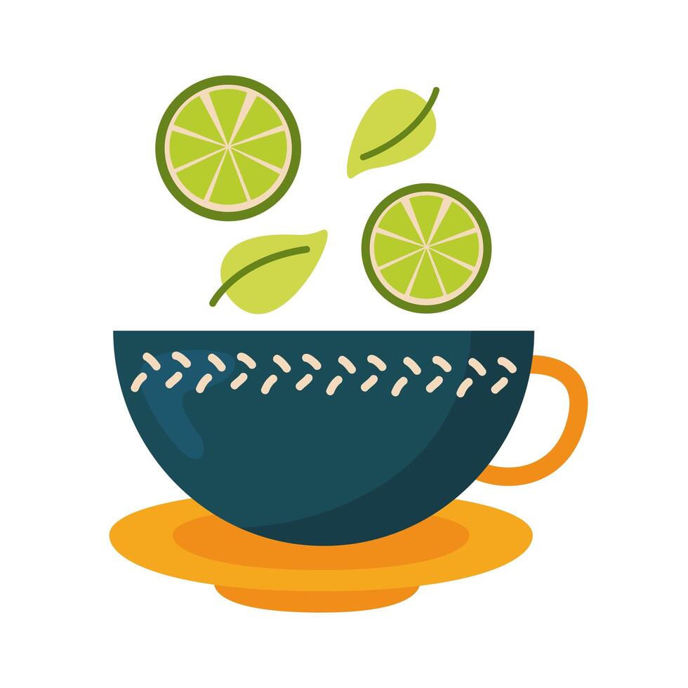 taza de té con limones y hojas de diseño vectorial vector