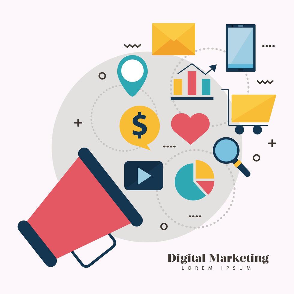 Digital marketing megaphone and flat style icon set vector design