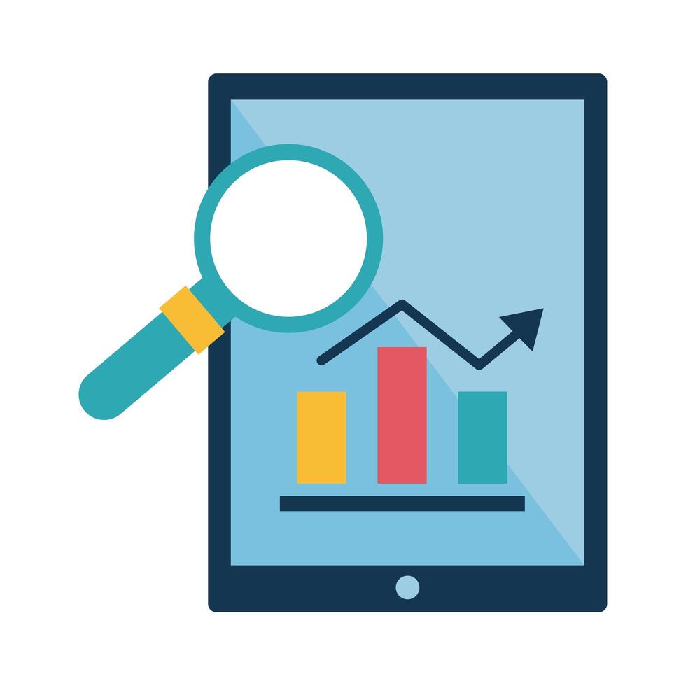 Digital marketing bars chart in tablet with lupe flat style icon vector design