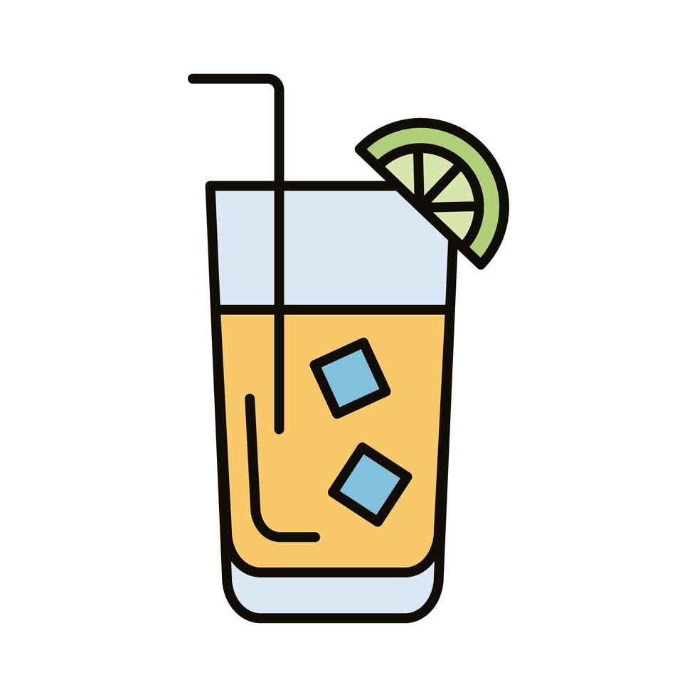 Cóctel con hielo y limón, bebida, línea de bebidas e icono de relleno. vector