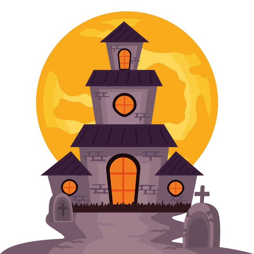 halloween haunted castle building with full moon scene vector