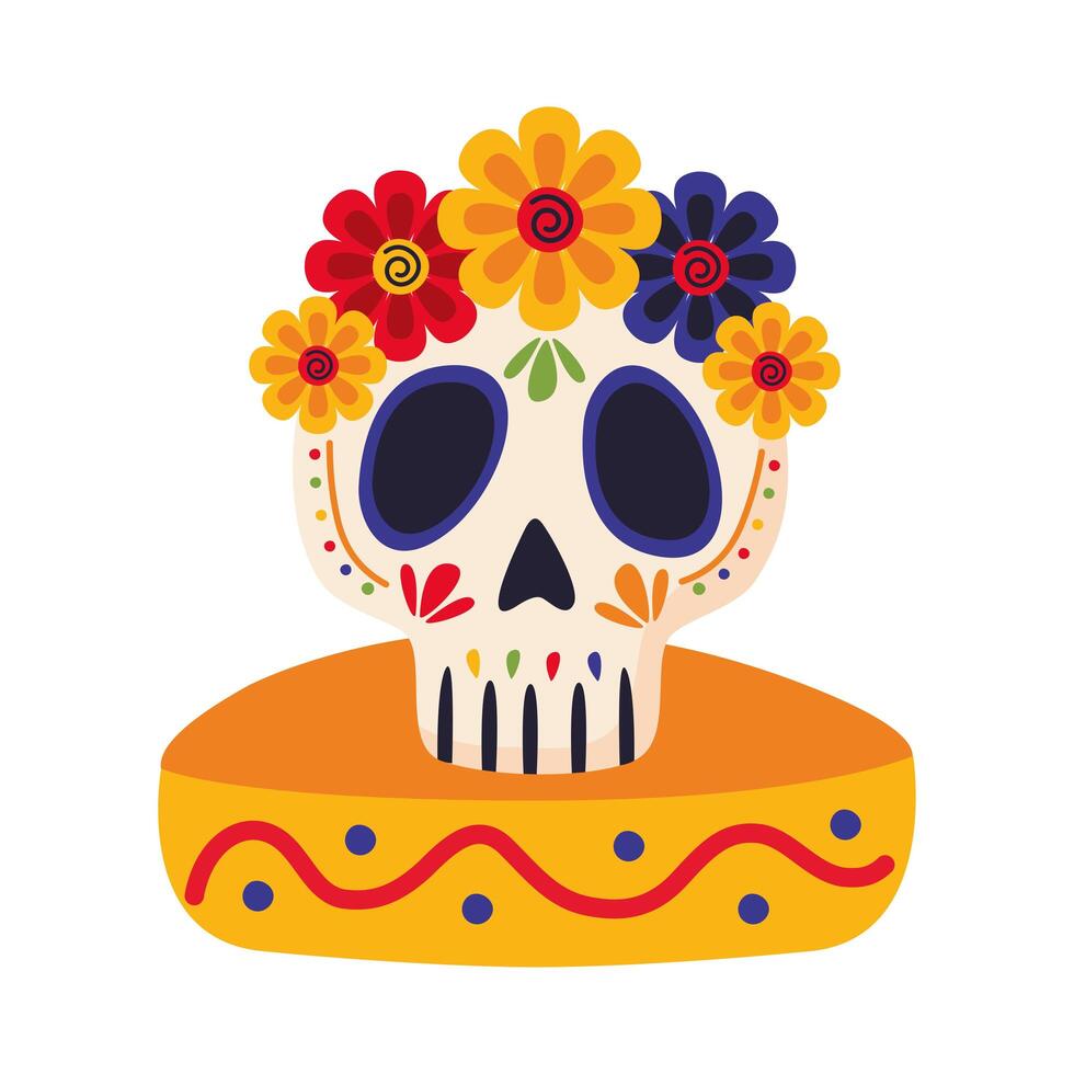 dia de los muertos skull painted with flower in mexican hat vector