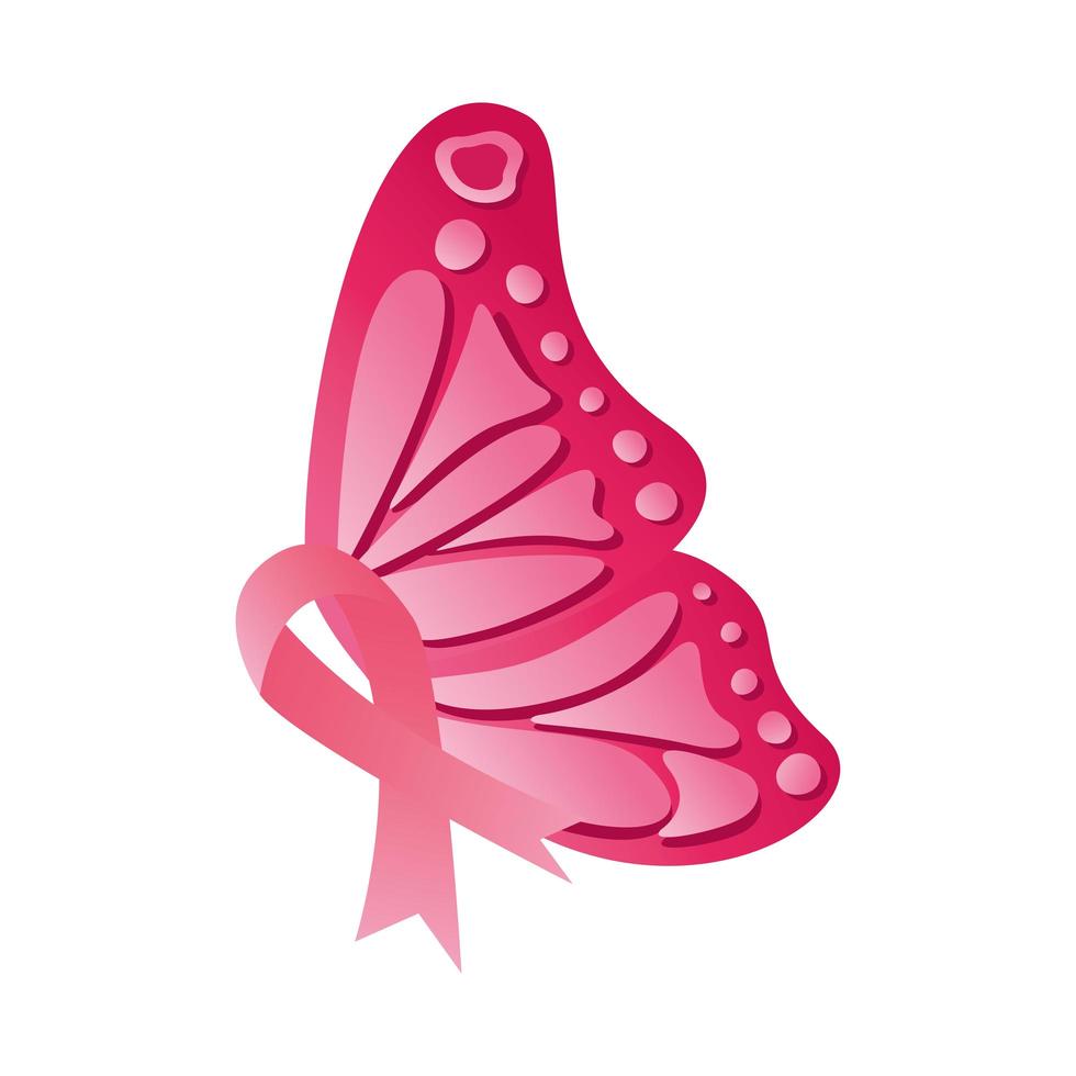 pink ribbon with butterflie breast cancer silhouette style icon vector