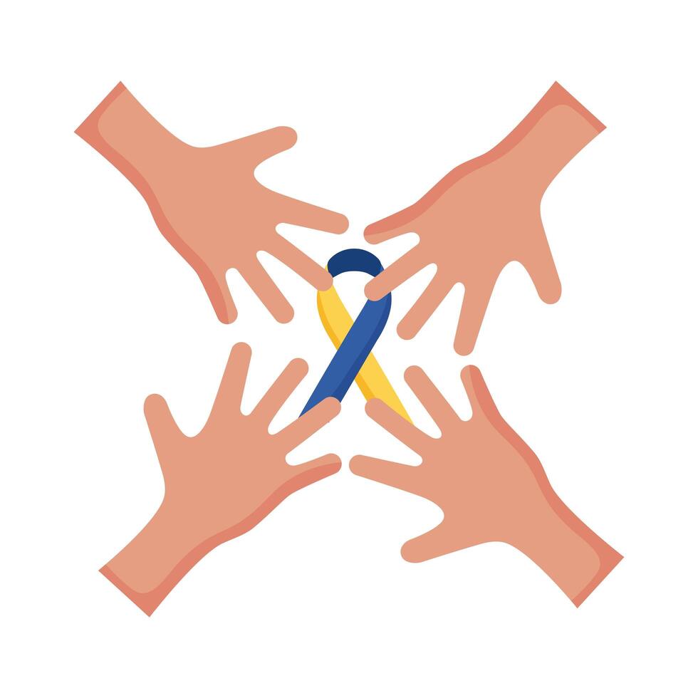 hands team with down syndrome campaign ribbon flat style icon vector