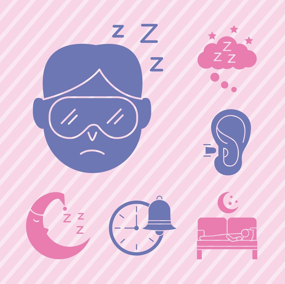 Hombre durmiendo con paquete de iconos de estilo de silueta de insomnio vector
