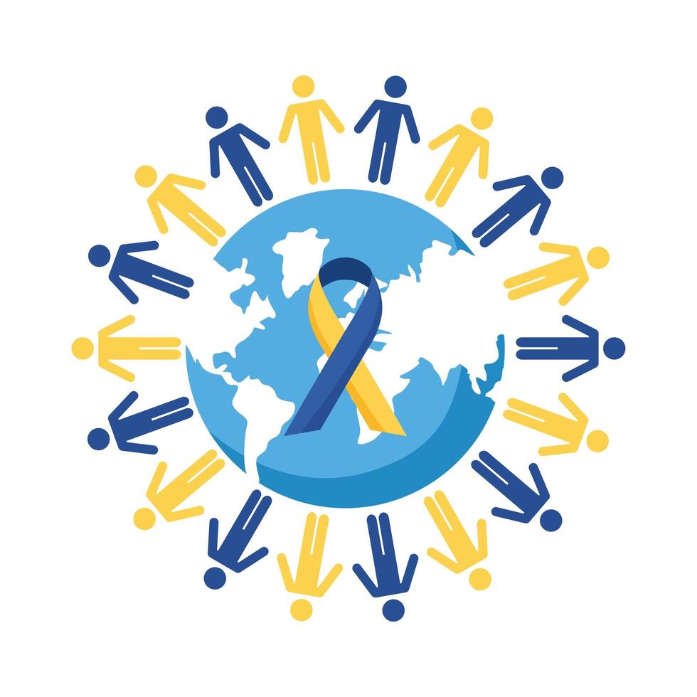 down syndrome campaign ribbon in earth planet and people around flat style vector