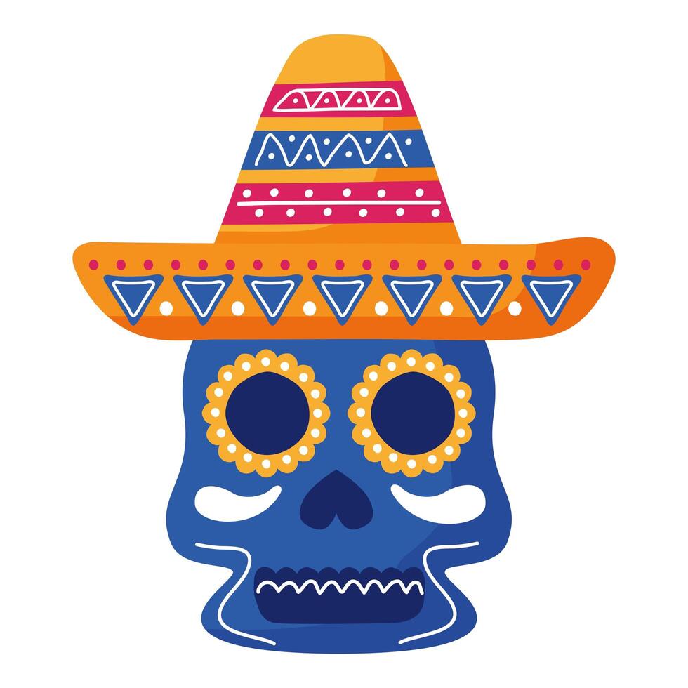 icono de estilo plano de cabeza de calavera mexicana tradicional y sombrero mexicano vector