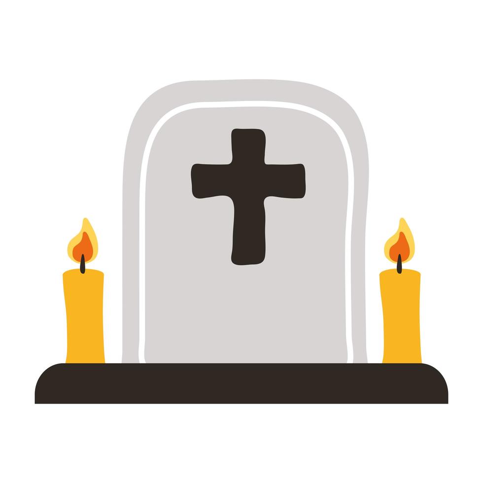 cemetery tomb with cross and candles flat style icon vector