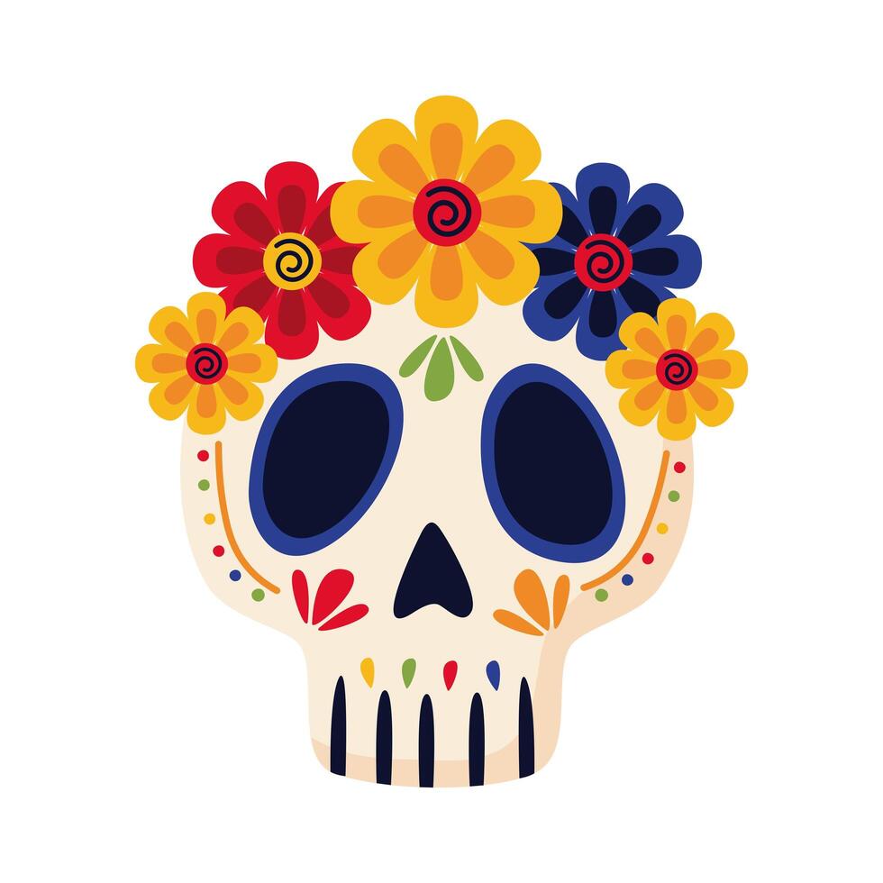traditional mexican skull head with flowers flat style icon vector