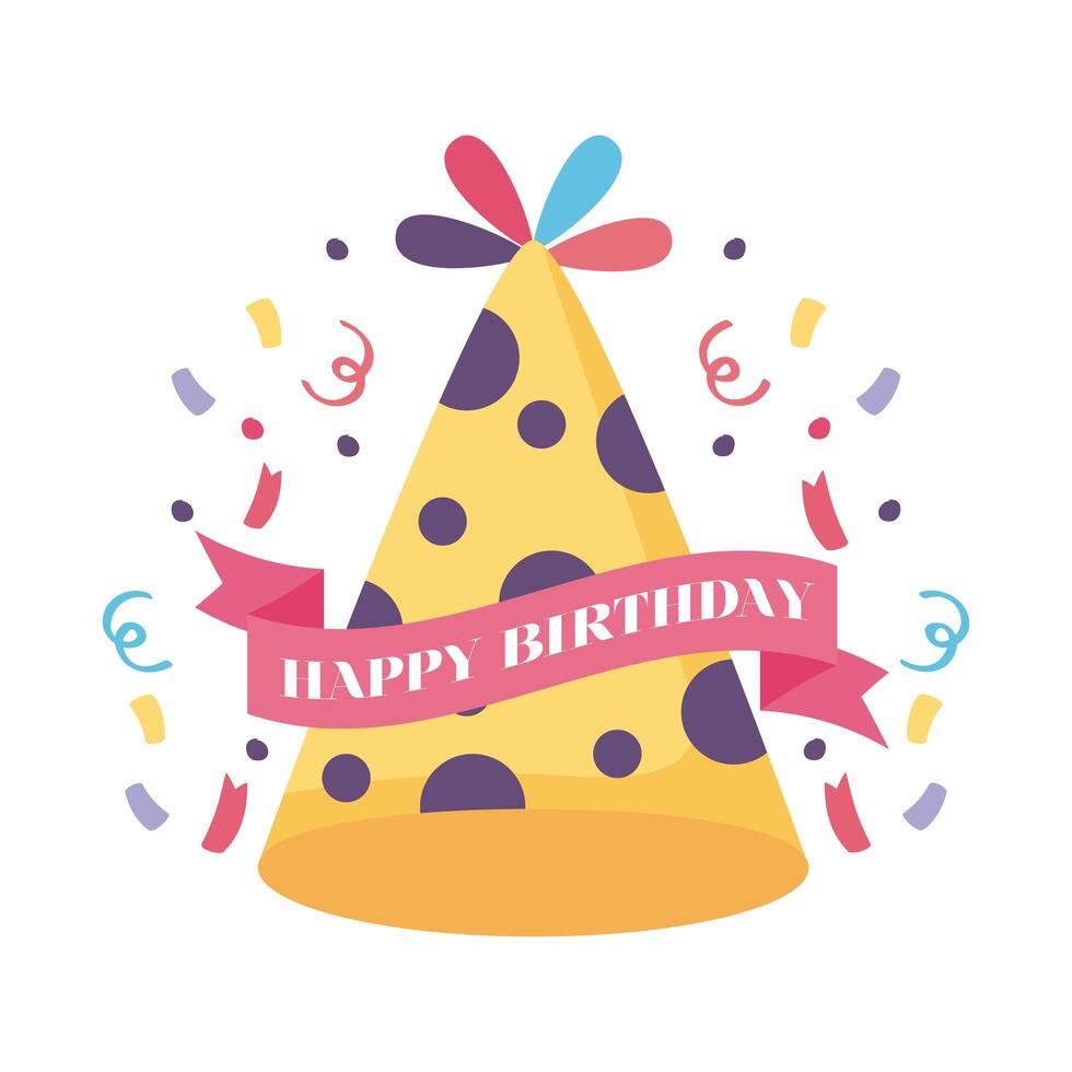 happy birthday badge with hat party and confetti decoration vector