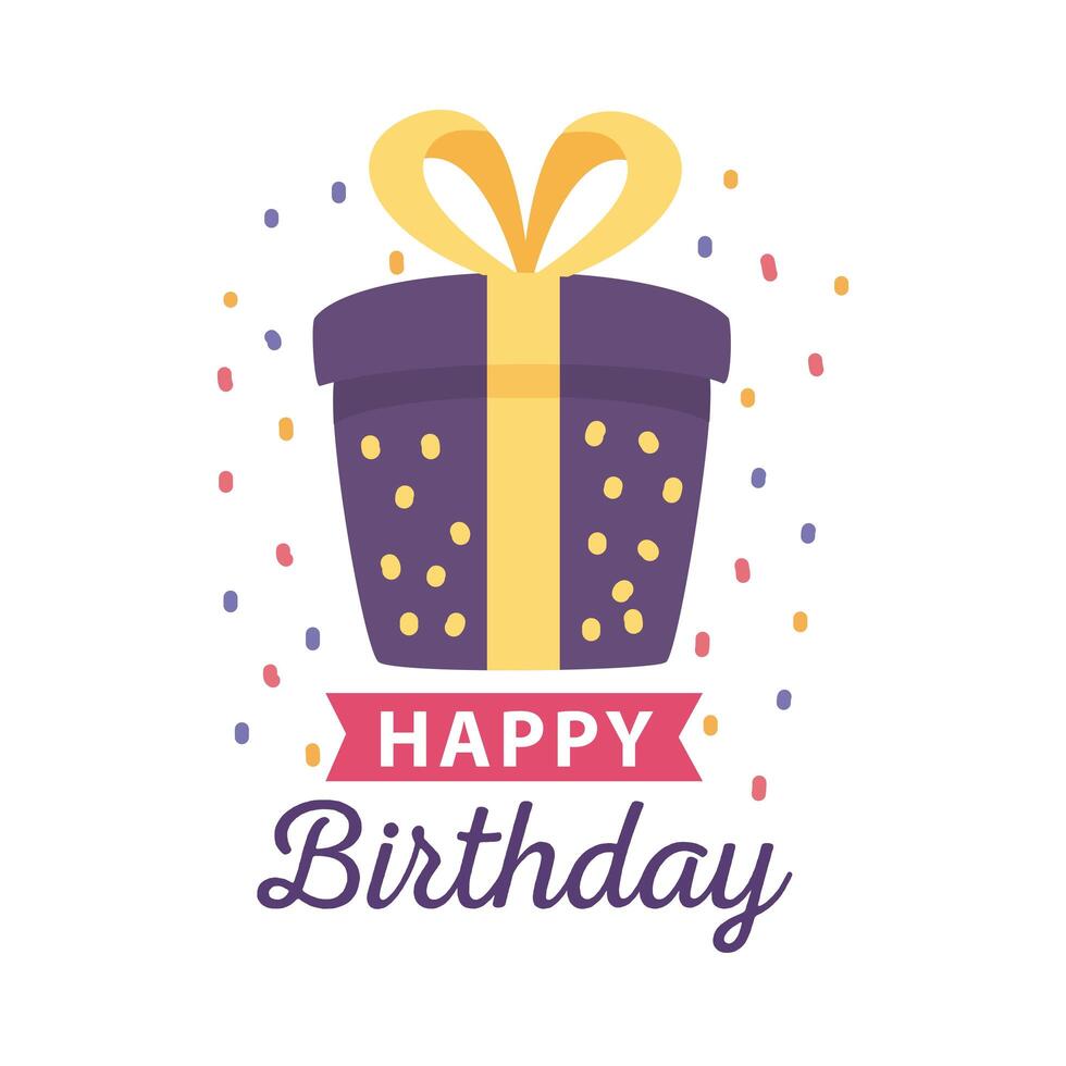 happy birthday badge with gift box and confetti decoration vector