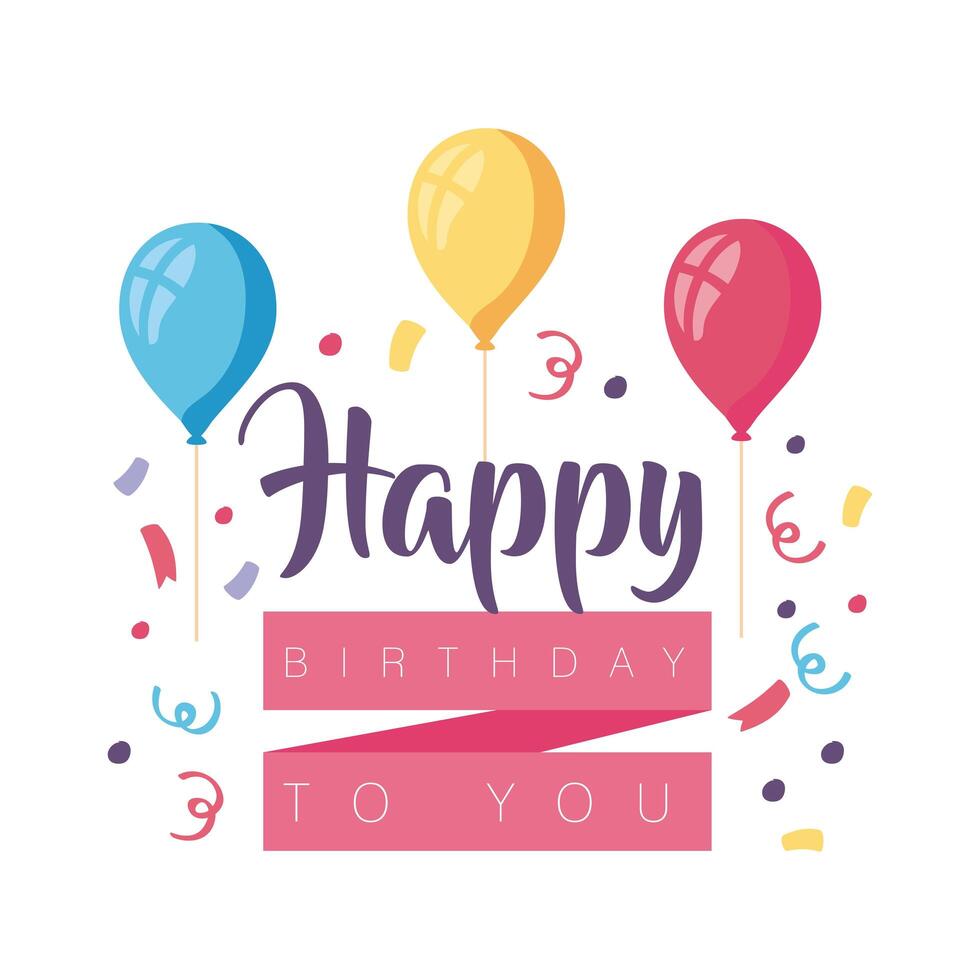 happy birthday to you badge with balloons helium decoration vector