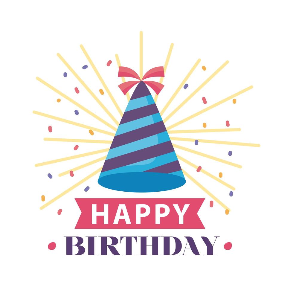 happy birthday badge with hat party on white background vector