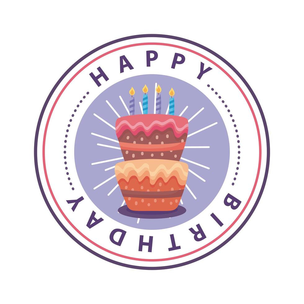 happy birthday badge in round frame with delicious cake vector