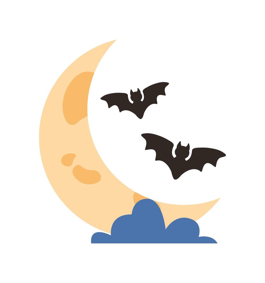 halloween bats flying with crescent moon vector