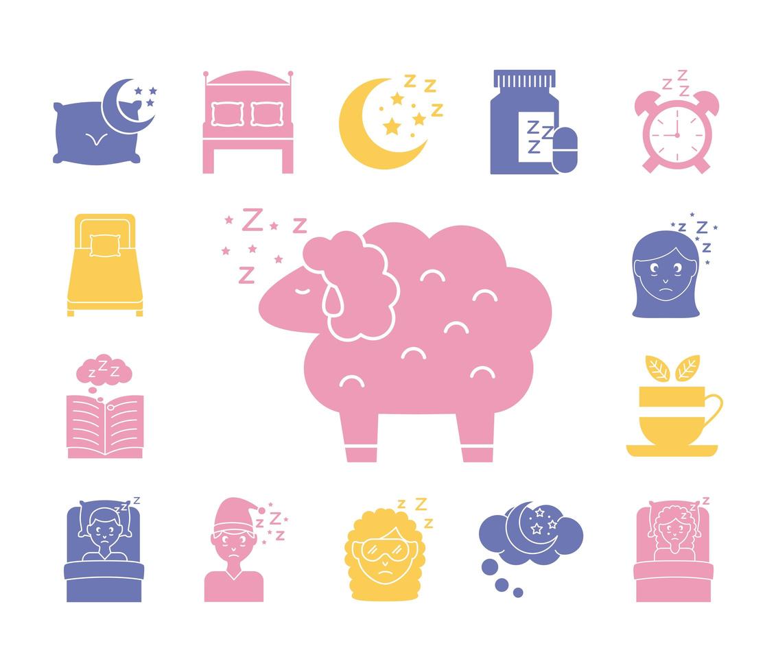 sheep with bundle of Insomnia silhouette style icons vector