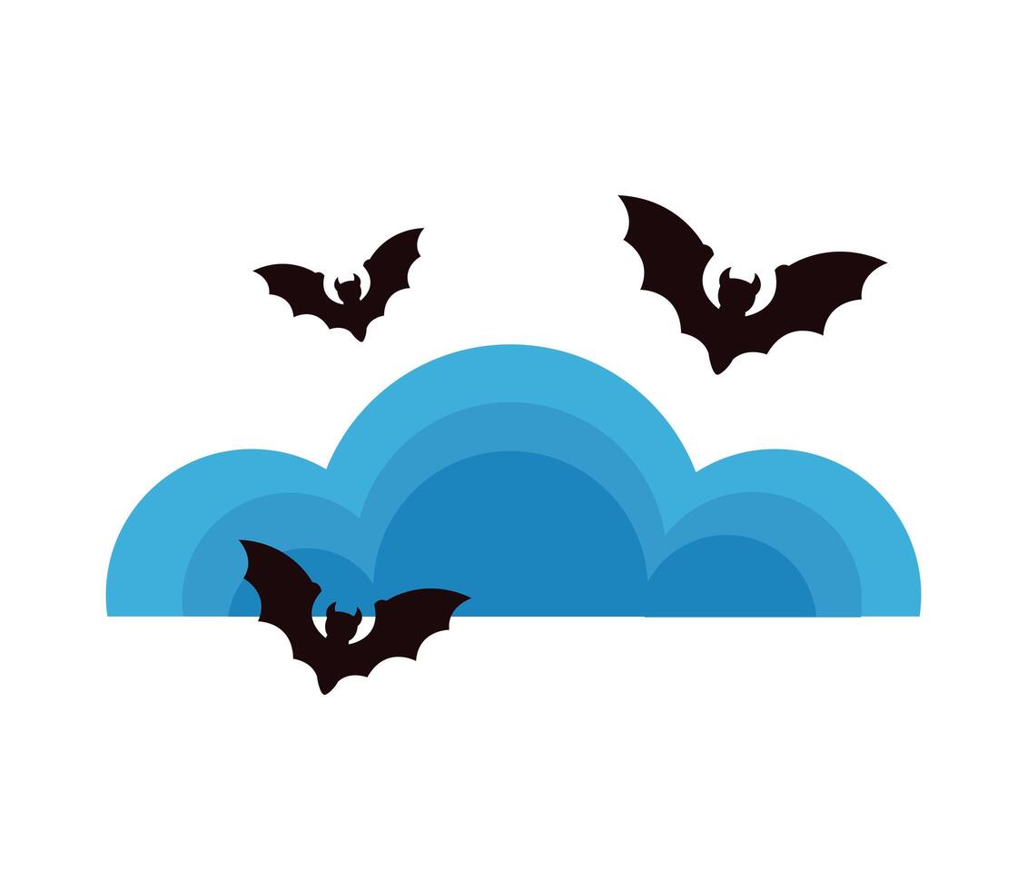 murciélagos de halloween volando con nubes cielo vector