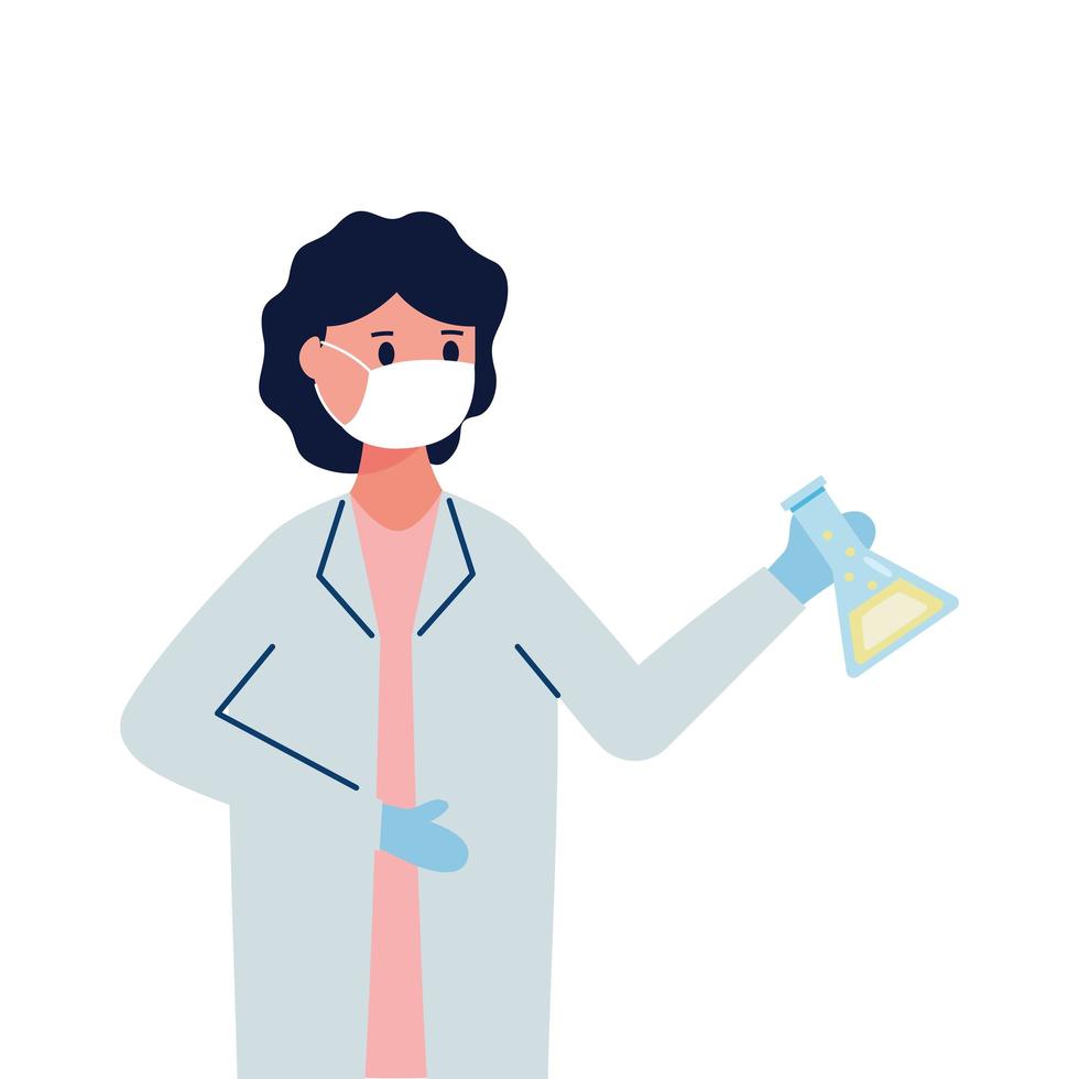 female doctor wearing medical mask with tube test flask laboratory flat icon vector