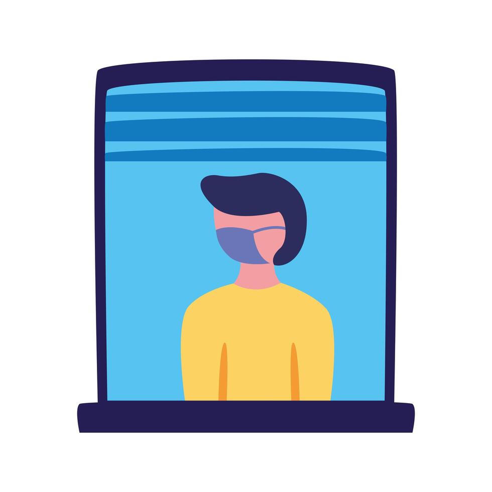 man wearing medical mask in house window character vector