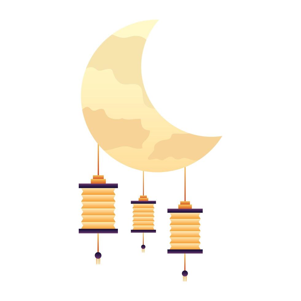 chinese paper lamps hanging in crescent moon icons vector