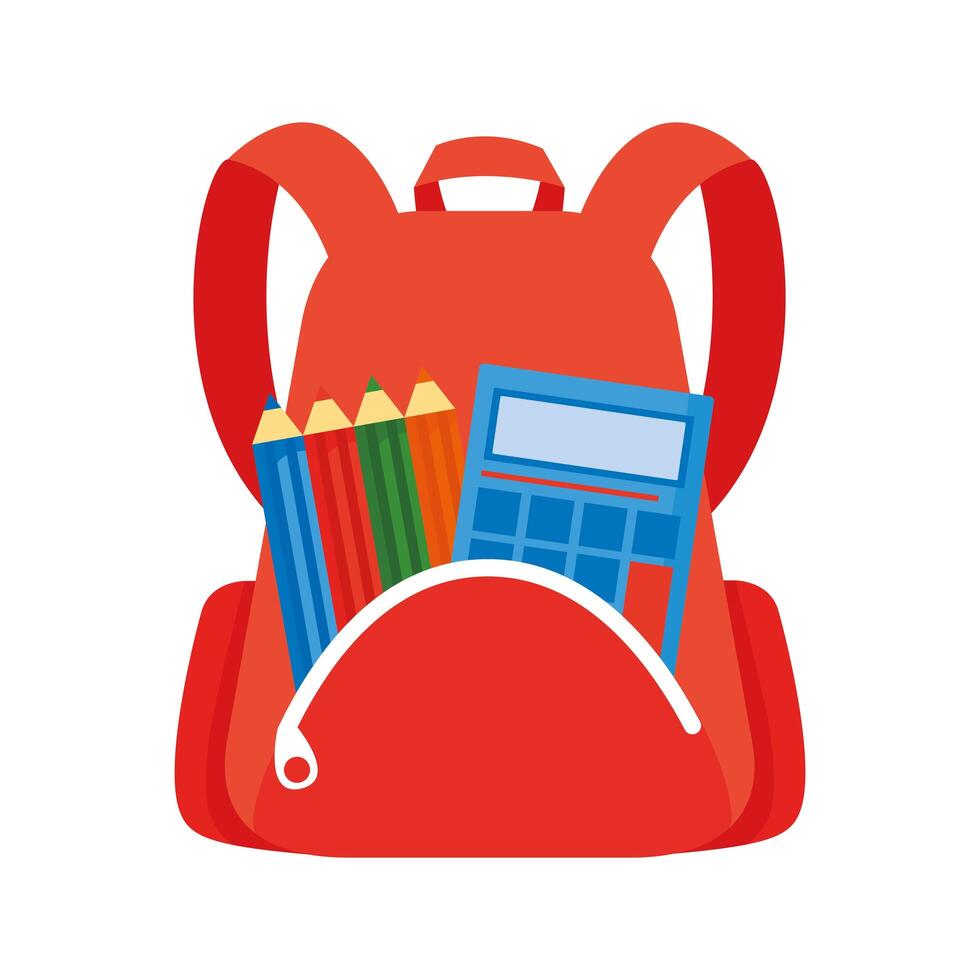 school bag with calculator and pencils colors flat style icon vector