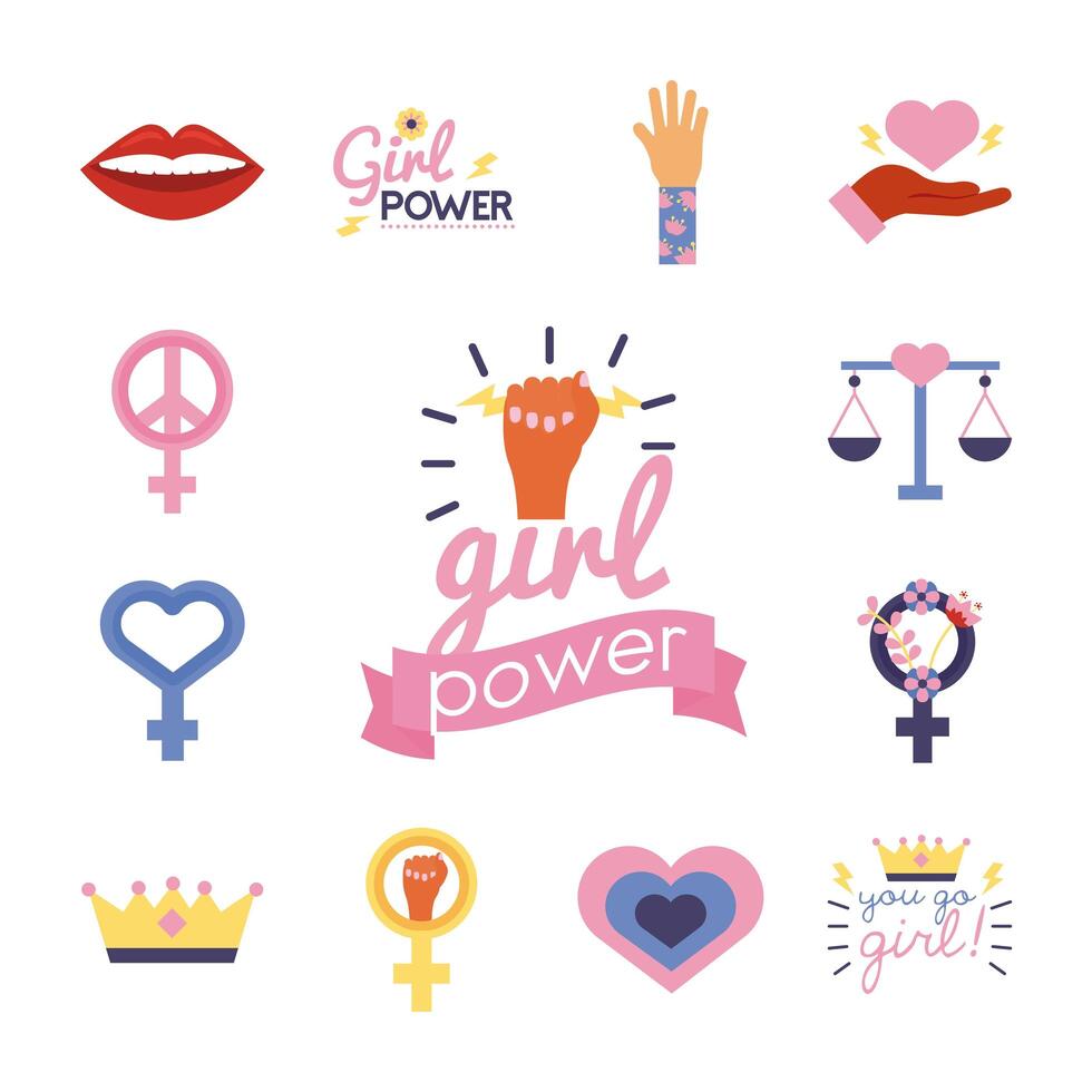 bundle of feminism flat style icons in lile background vector