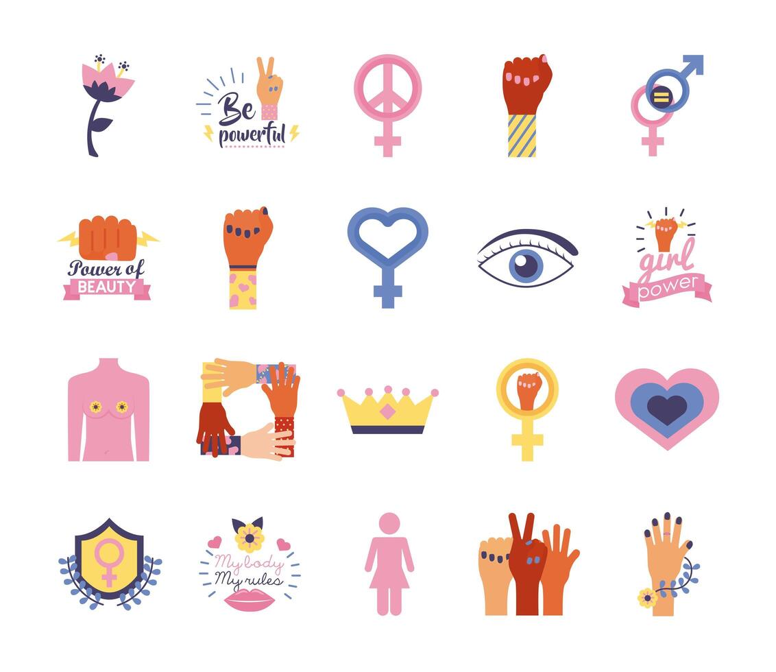 bundle of feminism flat style icons in yellow background vector