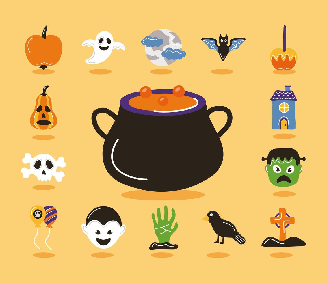 paquete de halloween set iconos y caldero vector