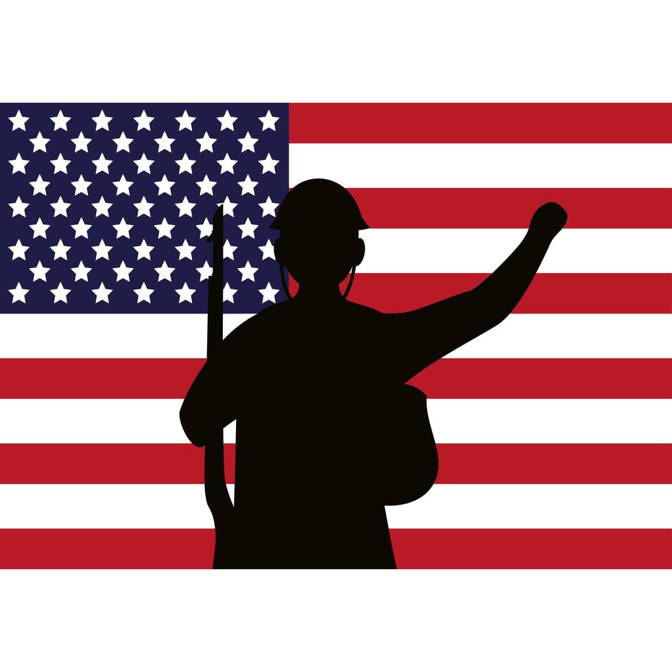 soldier with rifle silhouette figure and usa flag vector