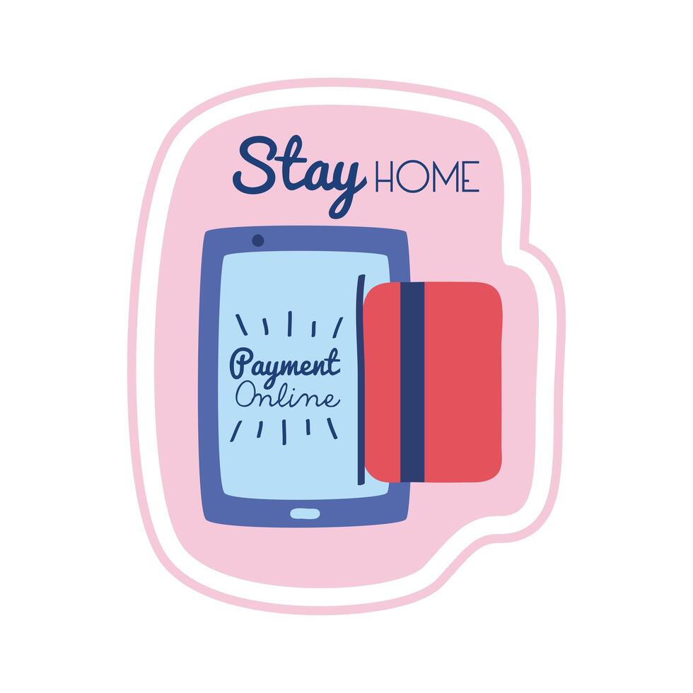 stay home lettering campaign with smartphone payment online vector