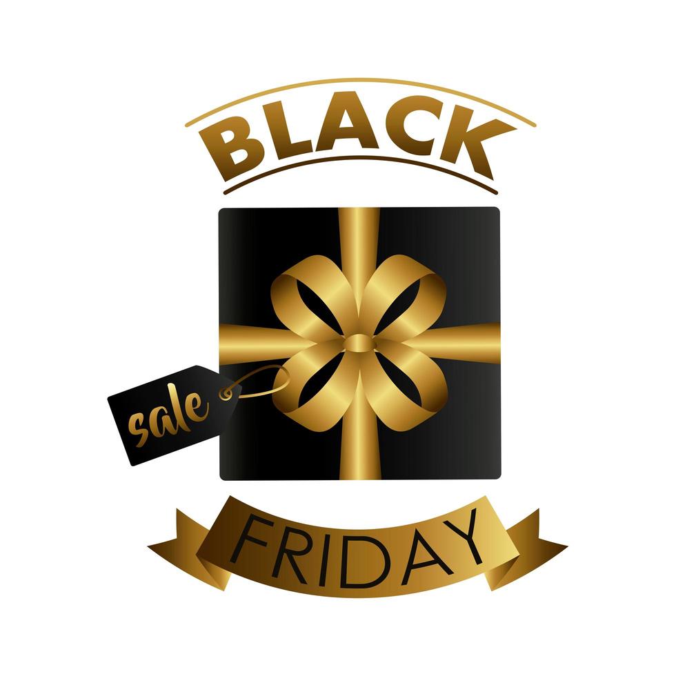 etiqueta de venta de viernes negro con regalo y cinta dorada vector