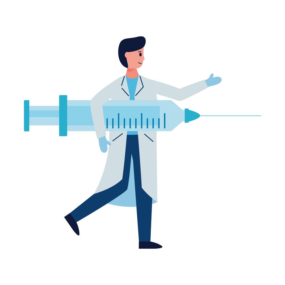 scientific doctor with vaccine syringe flat style icon vector