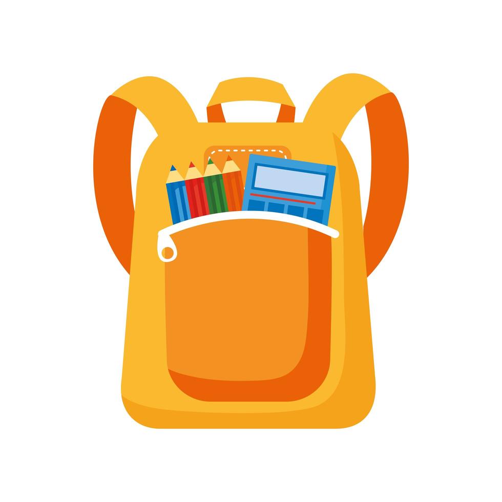 mochila escolar con calculadora y lápices colores icono de estilo plano vector