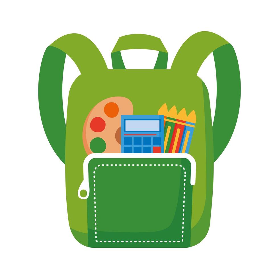 school bag with crayons and calculator flat style icon vector