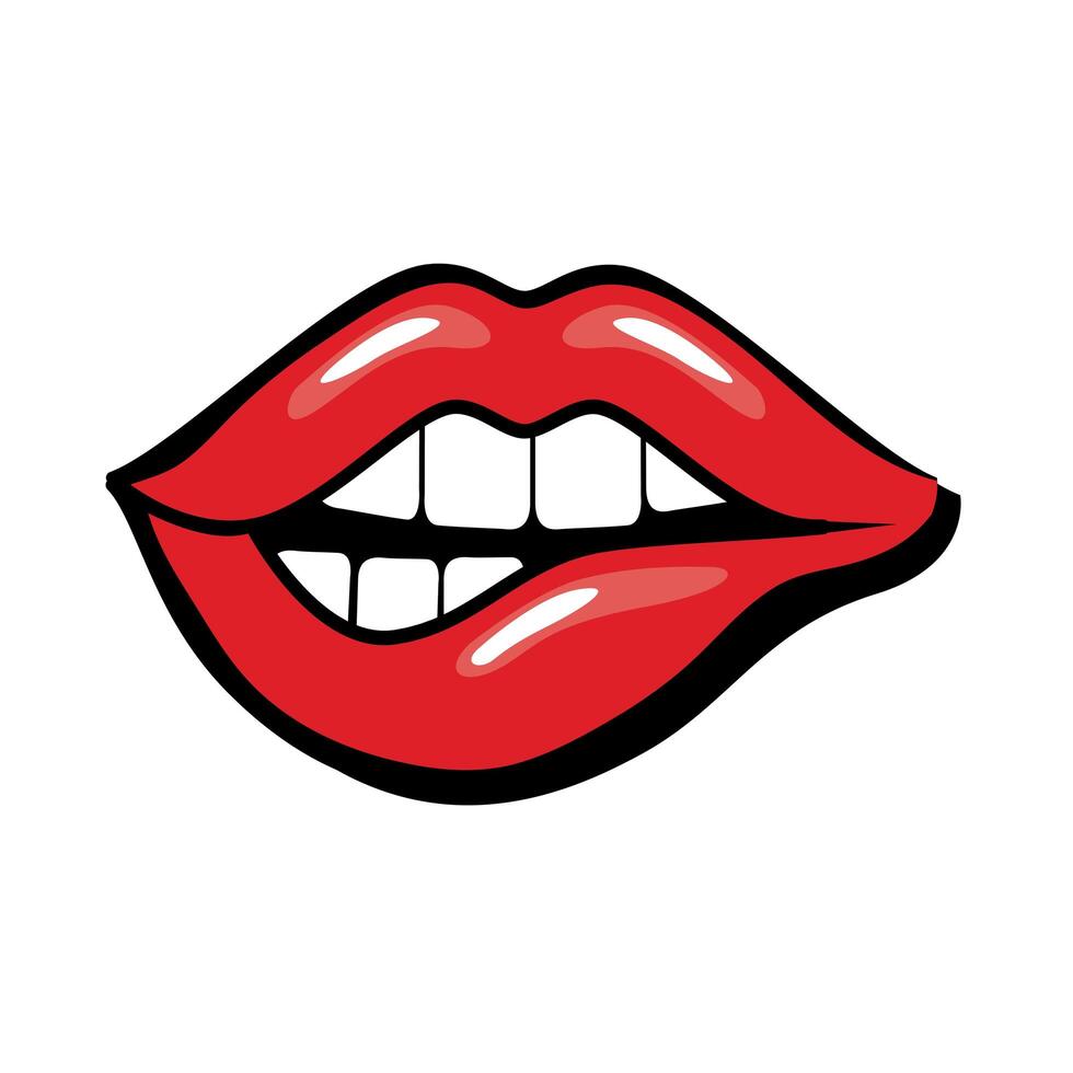 Pop art mouth biting lip fill style icon vector