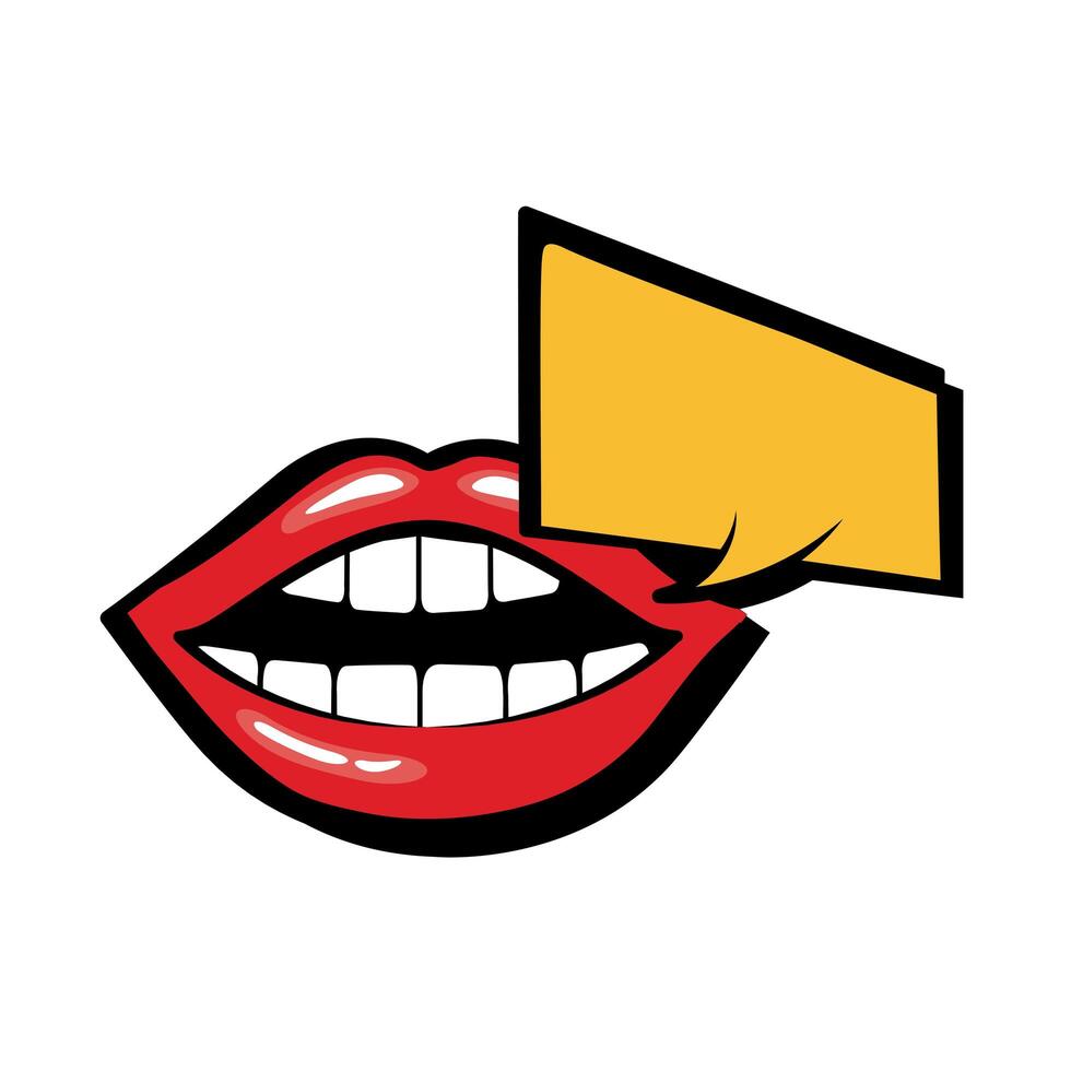 Pop art mouth speaking with speech bubble fill style icon vector