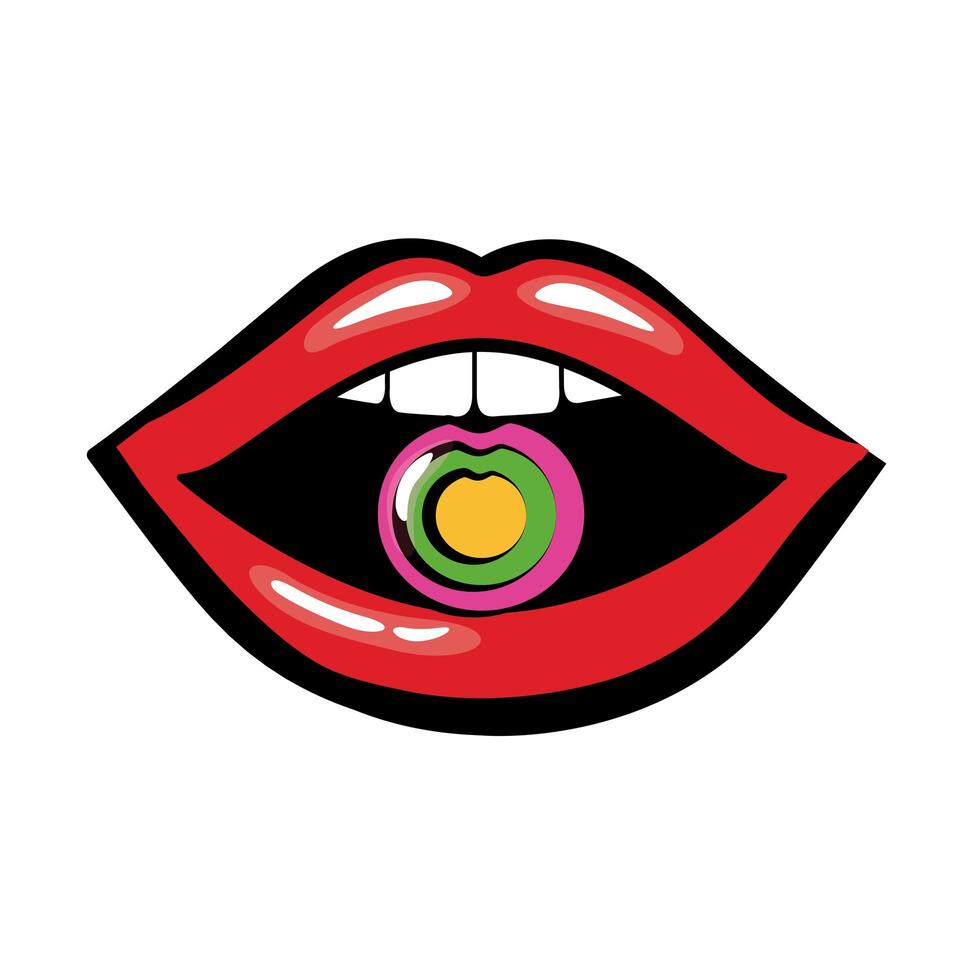 Pop art mouth eating sweet candy fill style icon vector