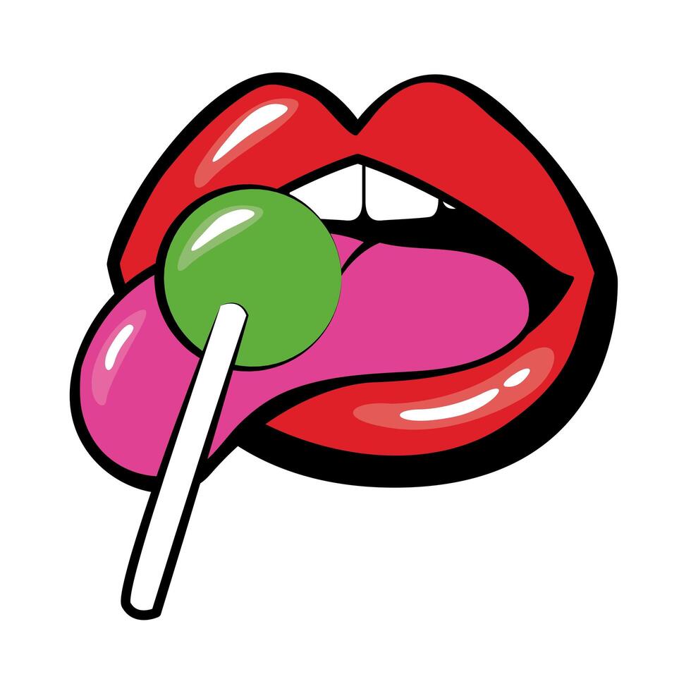 Pop art mouth with sweet candy lollipop fill style icon vector