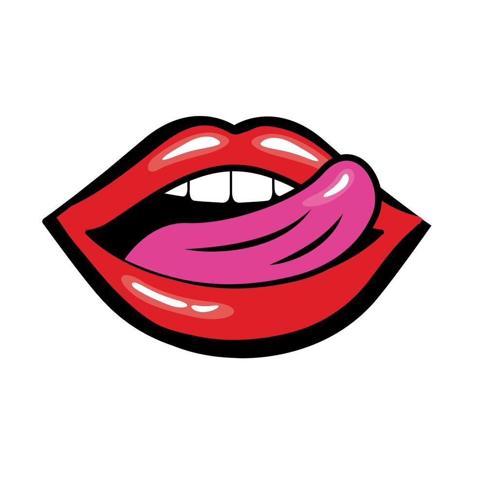 Pop art mouth licking sensually the lips fill style icon vector