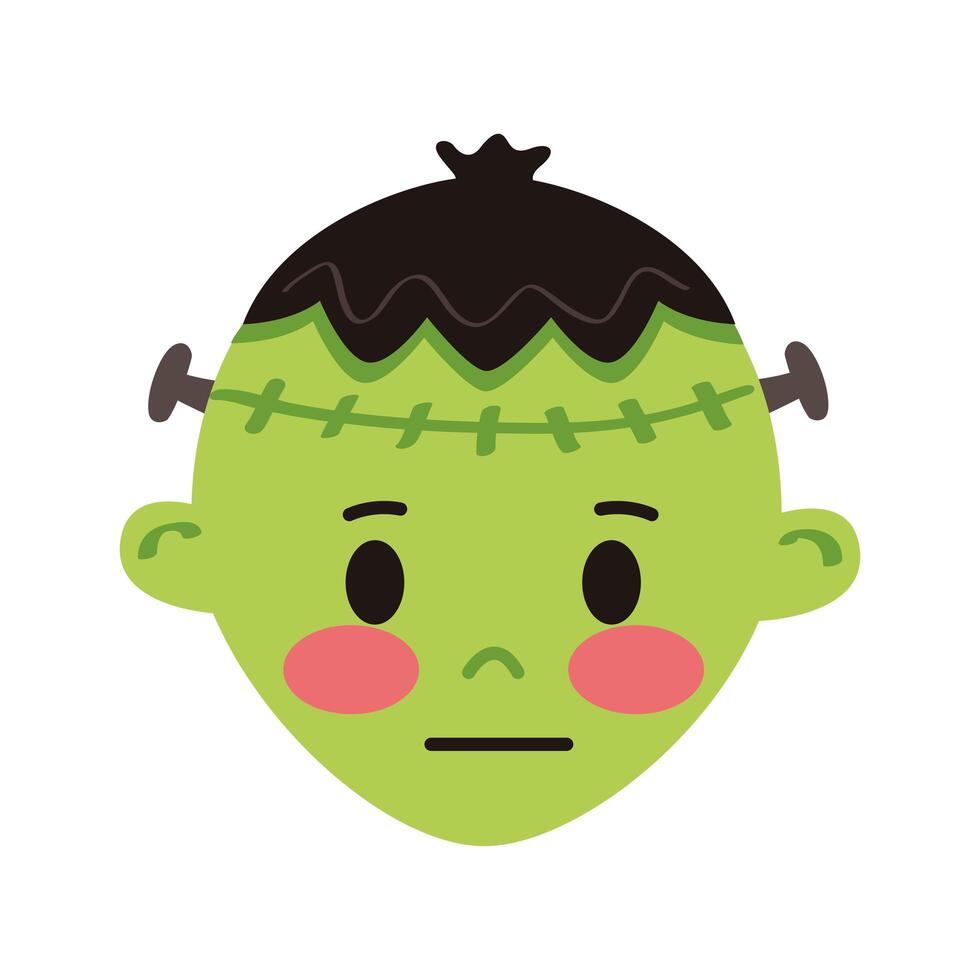 niño pequeño con personaje de cabeza de disfraz de frankenstein vector